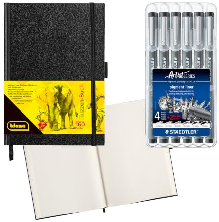 Idena 90347 - Skizzenbuch DIN A5 mit 160 Seiten, blanko, inkl. 6 STAEDTLER Fineliner pigment liner mit metallgefasster Spitze in 6 Linienbreiten