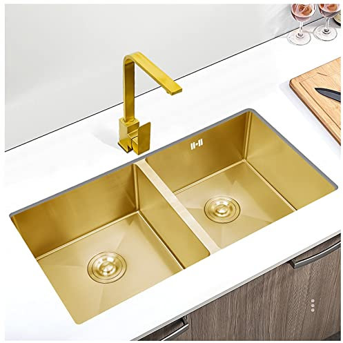 Goldfarbene Doppelbeckenspüle aus gebürstetem Edelstahl, 81,3 cm, große Spüle mit 2 goldenen Abtropfgestellen und Montagekomponenten, Doppelwaschbecken für moderne Küche, Upgrade/C/78 x 43 x 22 cm
