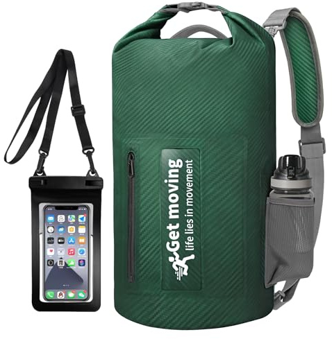 ENONEO Dry Bag wasserdichte Tasche 10L 20L 30L Ultraleicht Dry Bag RollTop Wasserdichter Beutel Rucksack Kajak Rafting Wasserfester Packsack (10L, Dunkelgrün(Mit wasserdichter Handytasche))