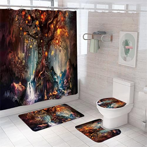 Badezimmerteppich Baumlicht Badteppich rutschfest Waschbar Badgarnitur 3 Teilig – Badematte Set Mit Wc-Vorleger Und Badematte,Teppich Badezimmer Für Sicherheit Und Komfort Im Bad 45X75Cm