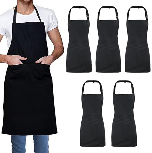 5 Stück Schürze Schwarz, Kochschürze Herren Damen, Kochschürze, Wasserdichte Schürze 80*70cm, Küchenschürze mit 2 Taschen, Verstellbarem Nackenband für Kochen, Küche, Gartenarbeit, Kaffeehaus
