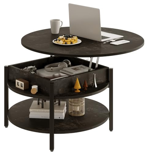 Mossora Round Lift Top Coffee Table with Storage and Hidden Compartment, 68cm Farmhouse Coffee Tables for Living Room Reception Room, 2 Tier Small Round Center Table Circle Dining Table, Black Oak