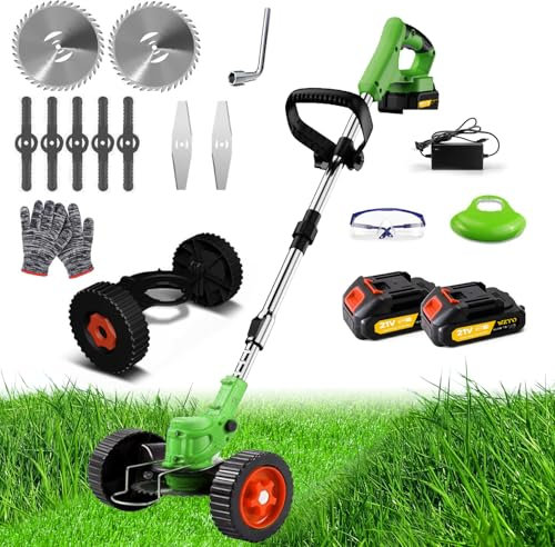 Cordless Strimmer 21V Garden Strimmer with 2x2.0Ah Batteries Grass Strimmer Metal Blade Electric Strimmer, Telescopic Lightweight Grass Cutter Electric Weed Wacker for Clearing Weeds Flower Lawn