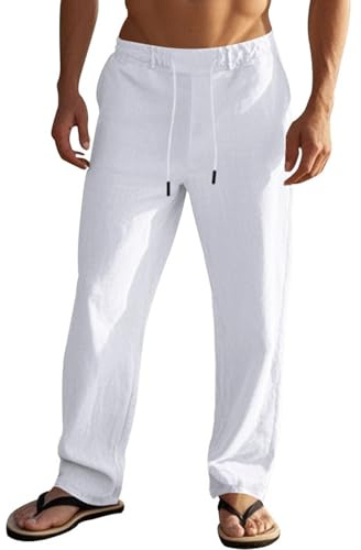 MAHUAOYIXI Pantalon Homme Lin Uni | Pantalon à Cordon avec Poches Élégant Décontracté à Jambe Droite Vacance Plage