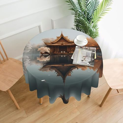 WZYWHJ Small Pavilion on The Lake Printed Round Decorative Tablecloth 60 in can be Washed and reused for Round Dining Table