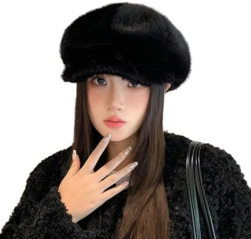 WANYI Schirmmütze Baskenmütze Damen Koreanisch Stil Ballonmütze Newsboy Cap Plüsch Barett mit Krempe Warm Weich Mütze für Herbst/Winter 56-58CM(Schwarz)