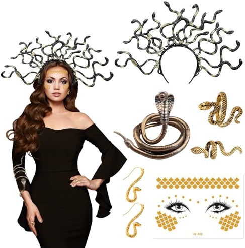 MACULPER Halloween Kopfschmuck Karneval Haarschmuck Medu-sa Schlangen Haarreif Halskette Armband Einstellbar Kette Manschette Armreif Medu-sa Kostüm Accessoires Haarschmuck für Frauen