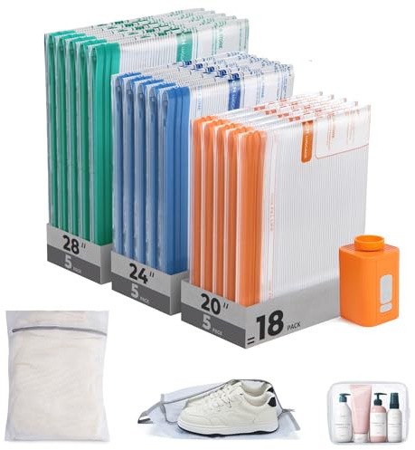 BAGSMART Travel Vacuum Bags 18 Pack with Wireless Pump Airtight Space Saver | With Toiletry Shoe & Laundry Bags, PE+PA, Triple-Seal Leak-Proof Reusable, Wide Opening Side Design, 3 Sizes Compression Bags