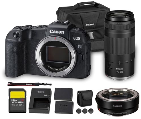 Canon EOS RP Mirrorless Camera | 26.2MP Full Frame Sensor | 4K Video Recording | Lightweight Compact Camera for Travel and Everyday Content Creation + Canon RF 75-300mm Lens + Adapter EF-EOS R + More