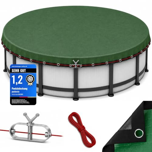 poolomio Poolabdeckung rund 366 cm, Poolplane Rundpool für Sommer & Winter | Abdeckplane für Pool 340-380 cm – 200 g/m² robustes, UV-resistentes PE – Stahlseil & Ratsche für festen Halt –Echtmaß: 420 cm