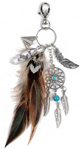 TESGADGETS Taschenanhänger, Handtaschenanhänger, Boho-Schlüsselanhänger mit Kristallfeder, Schlüsselanhänger mit bösem Blick, Western-Accessoires für Damen
