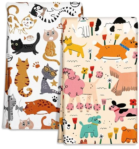 Dermalyx 2 Stück Mikrofaser Küchentücher Set mit Geschirrtüchern Home Deko, Kreidehund Katze Niedlicher Frühling Handtücher Weich & Saugfähig Ästhetisches 40 x 60 cm
