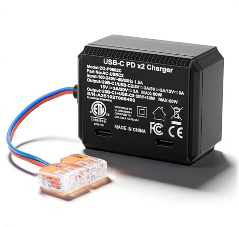 60W USB Type C Power Only for USB C Tablets as Pad with Auto-Negotiation - 100~240V/AC 50Hz Input, 5V/3A 9V/3A 12V/2.5A 15V/2A 20V/1.5A Output for 86x86mm Junction Box In Wall USB C PSE（Dual-Typ-C ）