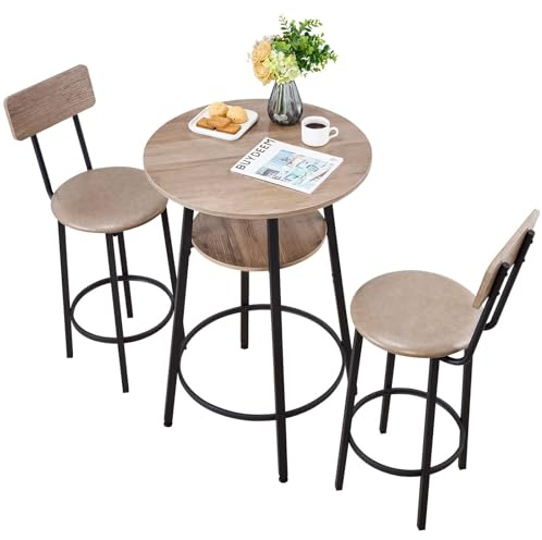 VEVOR Bar Table and Chairs Set, 3PCS 23.5″ Bars Tables Set with Rounded Corner Design, Round Pub Table with Two Stools for Office Desk, Breakfast Corner, Mini Bars, Light Gray, Black