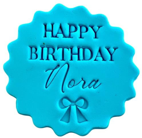 Personalised Cookie Stamp with Free Scallop Cutter, Happy Birthday Collection 1, 5cm Acrylic Biscuit Embosser, Food-Safe Plastic Baking Tool, Fits M&S All Butter Biscuits (Design 2)