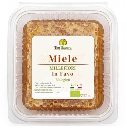 TeoNatura Miele Millefiori in Favo Biologico – 200g | Favo Integro con Cera d'Api | Apiari Propri di Marsala, Sicilia | Certificato IT BIO 005 – Made in Sicily
