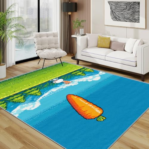 TerroVee Kinderzimmer Teppich 200x200 cm, Süß Cartoon Kaninchen Möhre Waschbarer Teppiche Wohnzimmer, Hase Kinderzimmer Rutschfest Antirutsch Groß Teppiche Für Esszimmer, Quadratisch, Blau Grün Orange