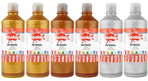 Scola Readymix Water Based Tempera Paint, 6 Assorted Metallic Colours, 600ml Bottles, Safe Non-Toxic Poster Paints, Craft Projects, Suitable for 3+
