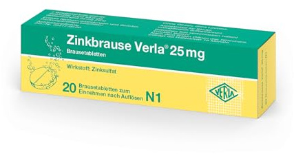 Zinkbrause Verla 25 mg Brausetabletten – Arzneimittel zum Auflösen in Wasser, bei Zinkmangel, mit Zinksulfat, mit erfrischendem Zitronen-Geschmack, gluten-, laktose-, zuckerfrei, 20 St