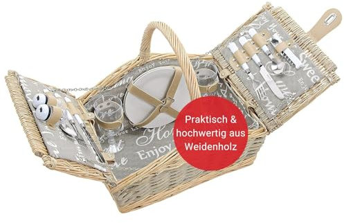 WOMA Picknickkorb mit Tragegriff für 2 Personen I Geflochtener Weidenkorb mit Besteck, Geschirr & Weingläsern für Fahrrad & Auto I Moderner Picknickkorb mit Deckel & Henkel für Paare