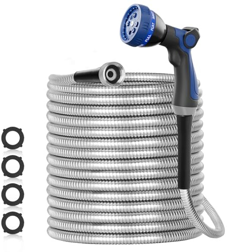SPECILITE 50ft 304 Stainless Steel Garden Hose Metal, Heavy Duty Water Pipe with Nozzles for Yard, Outdoor - Flexible, Never Kink & Tangle, Puncture Resistant (Sliver)