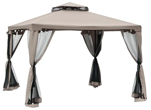 Outsunny 9.6' x 9.6' Patio Gazebo, Outdoor Canopy Shelter with 2-Tier Roof and Netting, Steel Frame for Garden, Lawn, Backyard, and Deck, Taupe