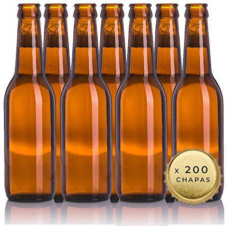Botellas vacias de cerveza 33cl reutilizables con chapa incluidas | kit 20 botellines y 200 chapas para elaborar cervezas artesana | Pack de botella elaboracion artesanal en casa