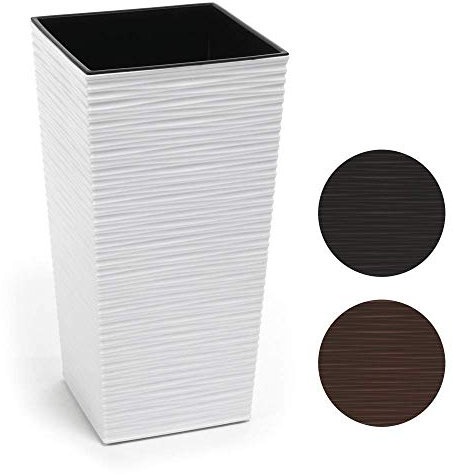 HappyFlower | Hoch Blumentopf | Pflanzkübel | inkl. Einsatz | Quadrat | Meißel-Optik | Übertöpfe (30 cm x 30 cm/Höhe 57 cm, Weiß)