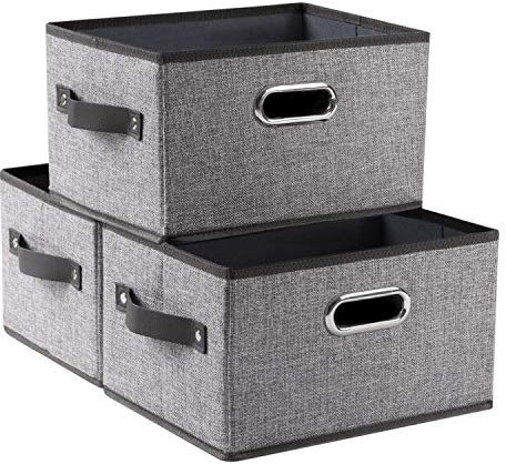 PRANDOM Aufbewahrungsbox,Faltbare Aufbewahrungskorb für Regale, Leinenstoff-Aufbewahrungswürfel mit Leder-/Metallgriffen,29x22x17cm,Aufbewahrungs Boxen, Grau[3-stück]