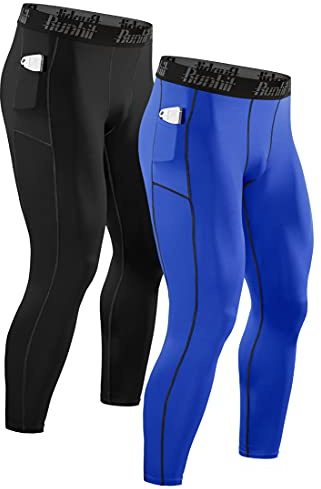 Runhit Mens Compression Leggings Compression Pants Men with Pocket Running Tights for Men Workout Athletic Thermal Winter Biker Base Layer Blue Black 2 Pack XL
