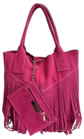 Modarno Sac à main en daim véritable pour femme avec frange et étui à bijoux de la même couleur - Sac à bandoulière, fuchsia