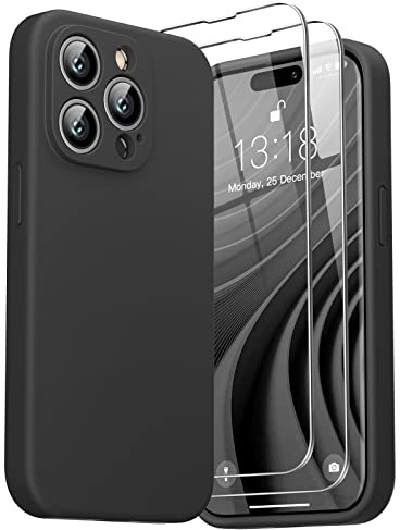 GOODVISH 3 in 1 Liquid Silikon Hülle für iPhone 14 Pro Max Hülle, Schwarz | mit 2 Stück Schutzfolie, Stoßfester Kratzfestem Handyhülle 360° Schutzhülle Soft Mikrofaserfutter Schutz Case für 6.7