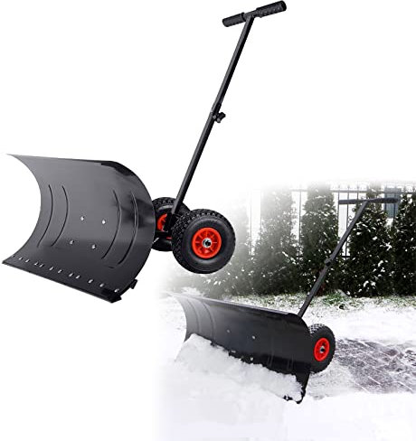 HENGMEI Schneeschieber mit Rädern Schneeschaufel Mobile Höhenverstellbar Schneeräumer, Schneeschild 75 cm Arbeitsbreite Höhe 42 cm, Schwarz