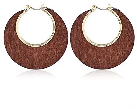 Boho Handmade Wooden Hoop Geometry Drop Dangle Earrings Lightweight Retro Round Wood Hollow minimalism Earrings for Women Jewelry Gifts (Brown Earrings)
