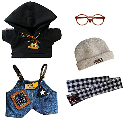niannyyhouse 15 cm Plüsch-Puppenkleidung, Schwarzwald-Set, Strickmütze, Schal, Brille, Kapuzenpullover, Overall, Puppenzubehör, Verkleidung, 15 cm