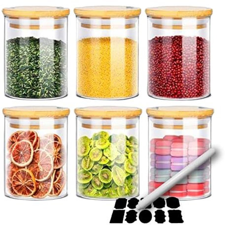 Home & Treat 6 Glass Storage Jars with Bamboo Lids, (6-PCS, 500 ml - 6 Lids and Labels) Borosilicate Glass Food Containers, for Sugar Coffee Beans Nuts Condiments Cookies