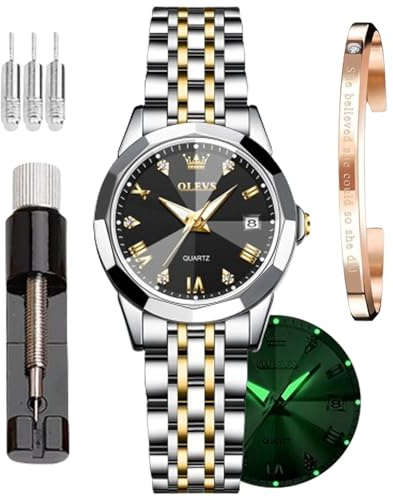 OLEVS Damklocka Mode Diamant Romerska siffror Dam Analog Quartz Rostfritt stål Vattentät Lysande Datum Kvinnlig Klocka Present