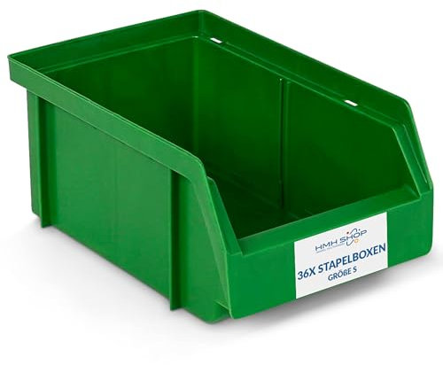 HMH Stapelboxen der Größe S 161x105x75mm für dein Kleinteilelager Sichtlagerkästen in 5 Farben Zubehör wie Deckel Trennsteg Etikett Wandschiene Sortierkisten (Grün, 36 Stück)