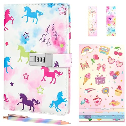 WERNNSAI Kindertagebuch-Set, Mädchen-Einhorn-Tagebuch mit Schloss, Geheimtagebuch-Set für Teenager, A5 Tagebuch Geschenkset für Teenager mit 6 Aufklebern, 1 Lesezeichen und 1 Schreibstift
