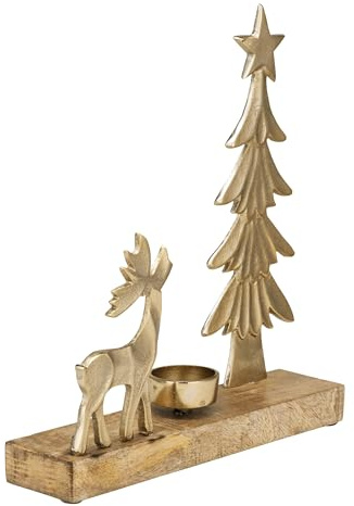 EGLO LIVING Teelichthalter mit Deko Rentier Baliguian | Weihnachtsdeko Fensterbank Wohnzimmer, Tischdeko Weihnachten Hirsch Weihnachtsbaum, Holz und Metall in Gold, 25 x 27 cm