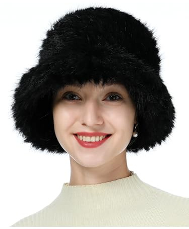 soul young Cappello invernale da donna in pelliccia sintetica di peluche, cappello a cloche invernale in pelliccia calda da pescatore, Nero , Taglia unica