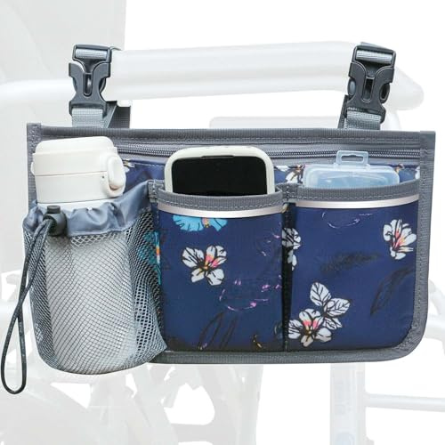 SHIFANQI Wheelchair Bag, Walker Bag, Wheelchair Side Bag, Armrest Organizer Pouch with Cup Holder Attachment and Reflective Strip, Accessories for Most Wheelchairs, Walker, Rollators (Navy Floral)
