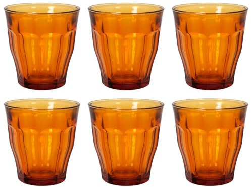 Acan Tradineur - Caja de 6 Vasos Modelo Le Picardie Ámbar - Capacidad de 25 CL (8 3/8 Oz) - Fabricado en Vidrio Resistente - Apto para lavavajillas - Tamaño Aprox: Ø 9 x 8,6 cm
