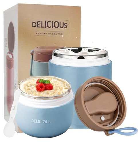 Chedin Müslibecher To Go mit Deckel, Edelstahl Porridge Becher 730ml Auslaufsicher joghurtbecher to go mit löffel und Deckel,Doppelschicht Auslaufsicherer Einmachgläser perfekt für Arbeit (Blau)