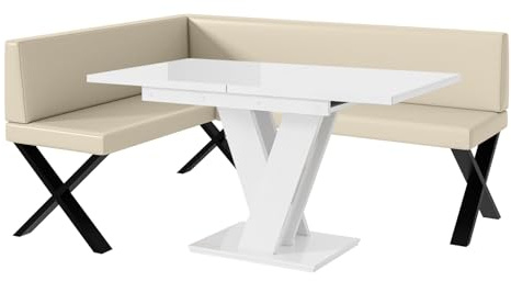 MEBLINI Eckbank für Esszimmer mit ausziehbarem Tisch - Küchenbank - Essecke - Sitzecke Küche - Toni - X-Beine 128x168x87cm Links - Creme Kunstleder/M Weiß Hochgl.