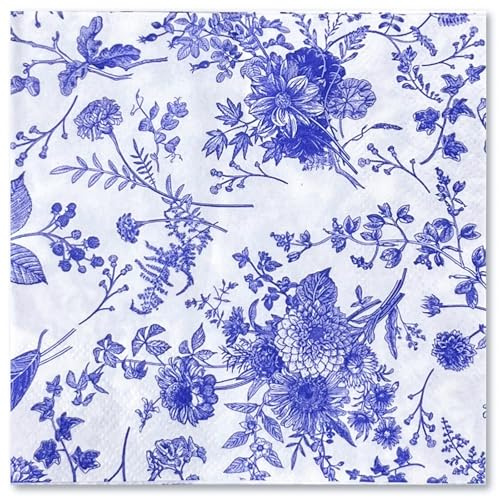 RUSPEPA 25 Stück Cocktailservietten mit blauen Blumenmustern – blaue und weiße Toile-Papierservietten für Braut- und Babypartys, Teepartys, Gartenpartys, Geburtstagspartys – (12,7x12,7 cm) 5x5 Zoll