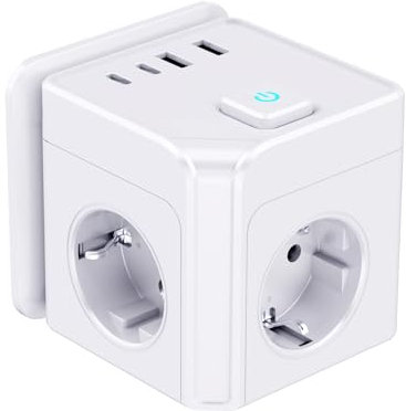7-in-1 Cubo Enchufe con USB, Ladrón Enchufes con USB C,Power Cube Enchufe Multiple 3680W, regletas enchufes Múltiples Pared,Regleta Pared para Oficina, Cocina, Compatible con Móviles, Blanco