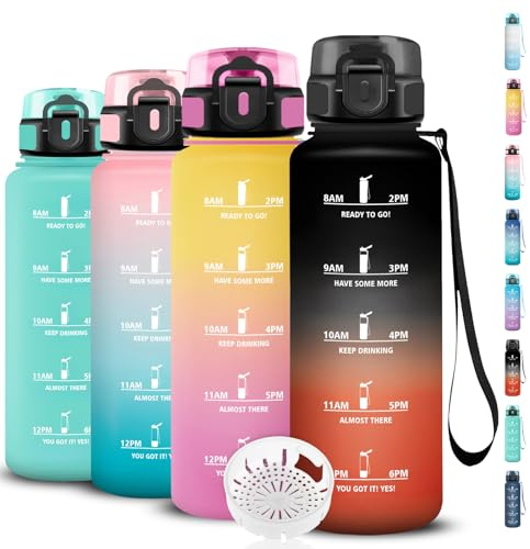 Grsta Gourde 1,5l, Sport, Anti-Fuite, Facile à Nettoyer, Bouteille Graduée pour 1 Journee, Adulte avec Marqueur de Temps, Motivation, Bouteille pour Running, Extérieur, Voyage