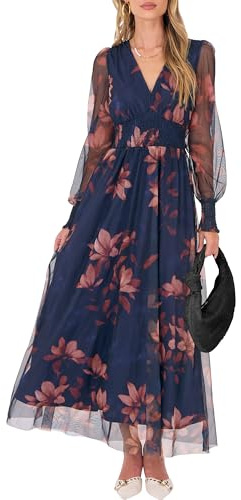 ANRABESS Women's Floral Maxi Dress 2025 Fall V Neck Puff Long Sleeve Flowy Casual Wedding Guest Tea Party Tulle Dresses Brown Floral Dark Blue L