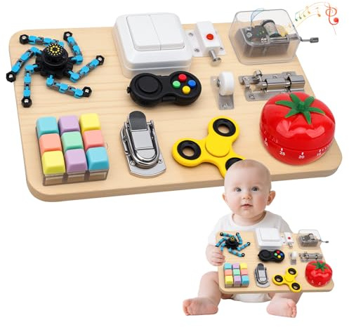 Wooden Busy Board for Kids Adults, 11 in 1 Sensory Fidget Toys for Stress Relief, Sensory Activity Board for Fine Motor Skills and Early Learning Travel Activities, for Kids